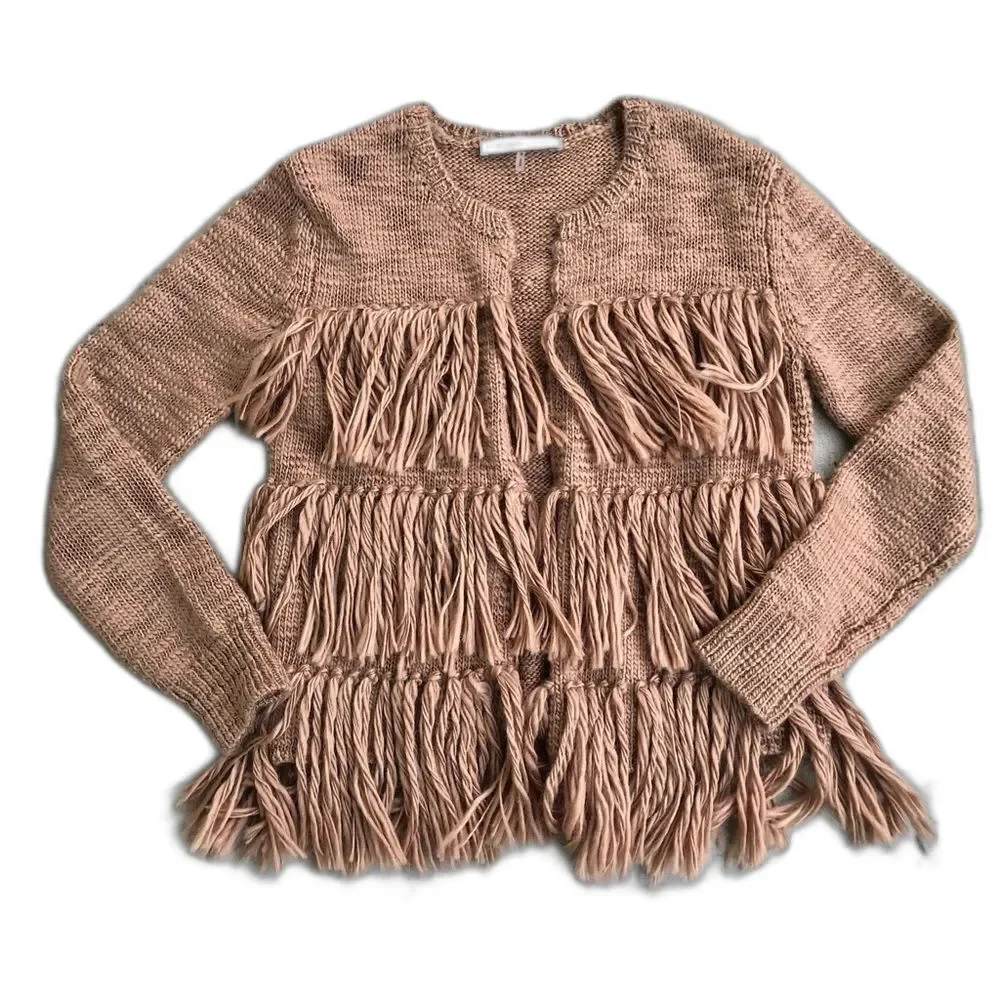 Trina Turk Wool Fringe Cardigan Jacket Boho Western Brown Tan Knit Sweater S